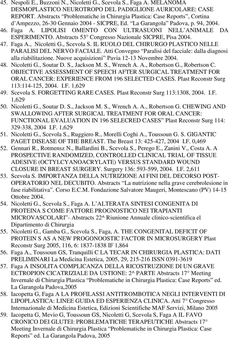 LIPOLISI OMENTO CON ULTRASUONI NELL ANIMALE DA ESPERIMENTO. Abstracts 53 Congresso Nazionale SICPRE, Pisa 2004. 47. Faga A., Nicoletti G., Scevola S.