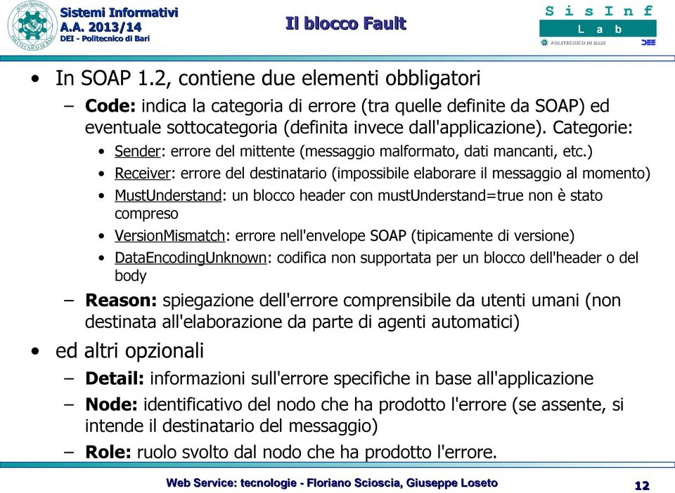 ) Receiver: errore del destinatario (impossibile elaborare il messaggio al momento) MustUnderstand: un blocco header con mustunderstand=true non è stato compreso VersionMismatch: errore nell'envelope