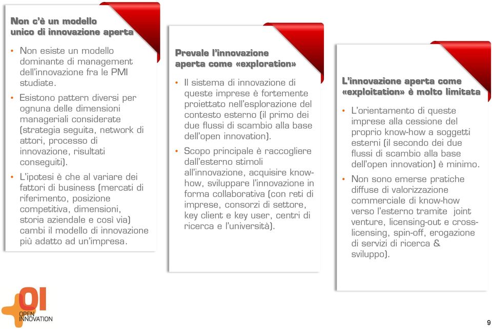 L ipotesi è che al variare dei fattori di business (mercati di riferimento, posizione competitiva, dimensioni, storia aziendale e così via) cambi il modello di innovazione più adatto ad un impresa.