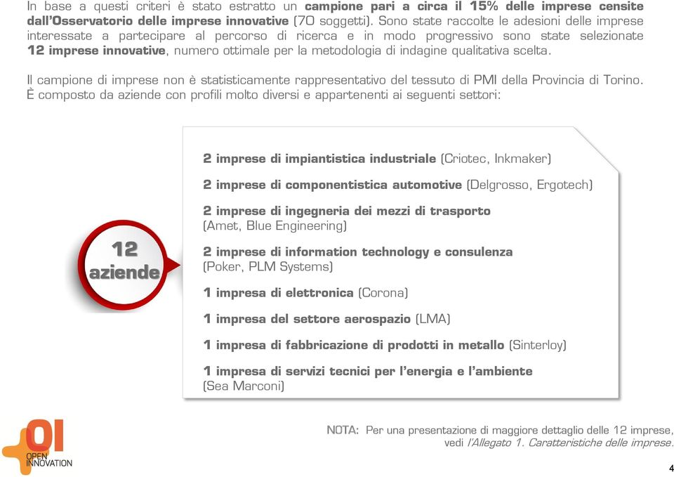 di indagine qualitativa scelta. Il campione di imprese non è statisticamente rappresentativo del tessuto di PMI della Provincia di Torino.