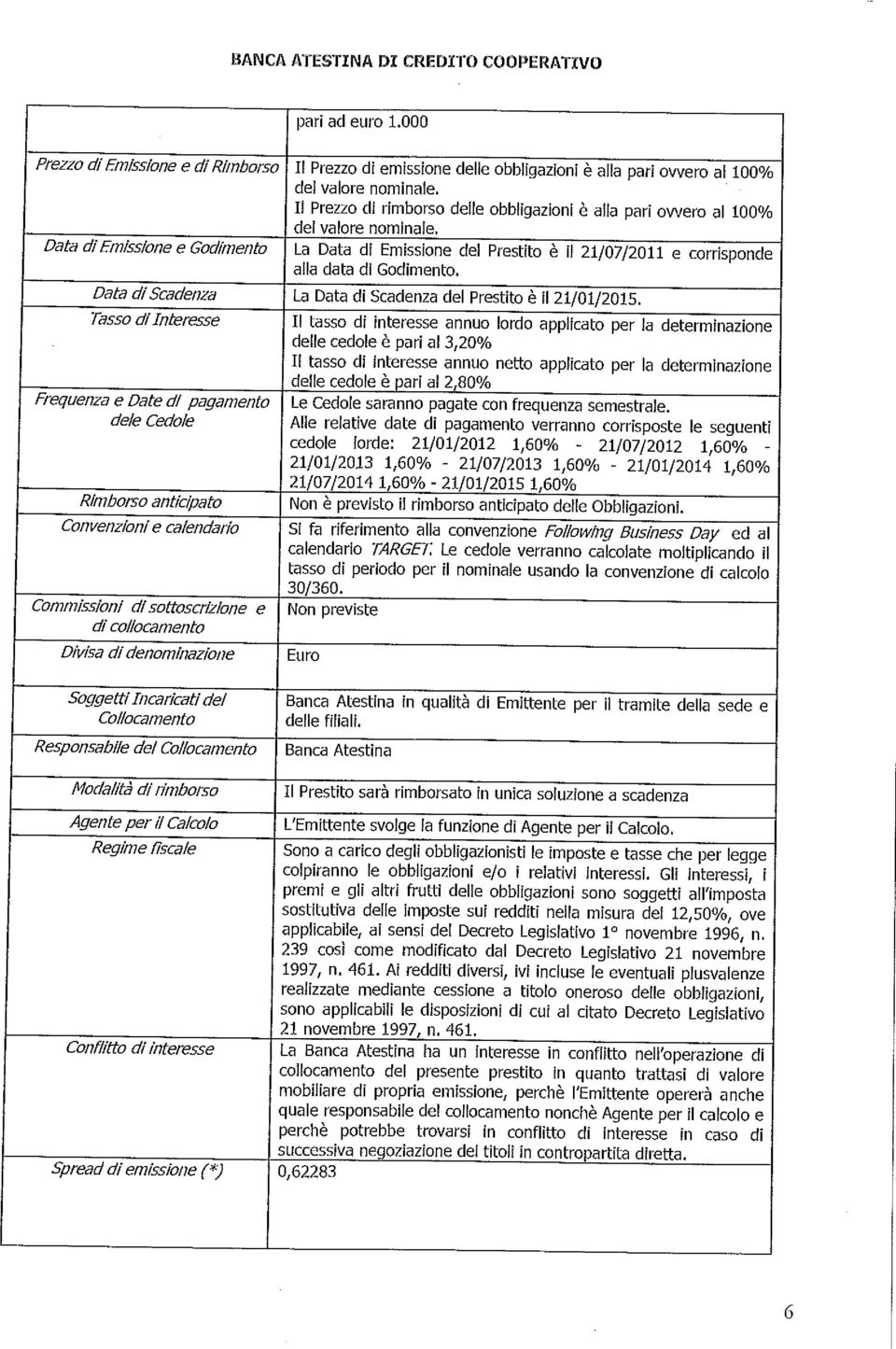 Il Prezzo di rimborso delle obbligazioni è alla pari ovvero al 100% del valore nominale. La Data di Emissione del alla data di Godimento.