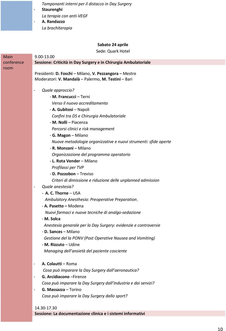 Gubitosi Napoli Confini tra DS e Chirurgia Ambulatoriale M. Nolli Piacenza Percorsi clinici e risk management G. Magon Milano Nuove metodologie organizzative e nuovi strumenti: sfide aperte R.