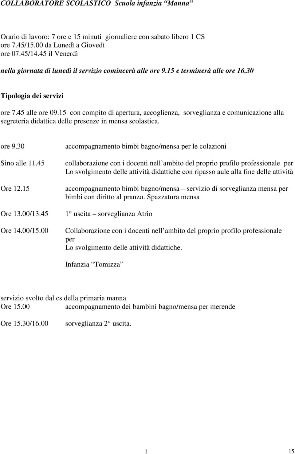 5 con compito di apertura, accoglienza, sorveglianza e comunicazione alla segreteria didattica delle presenze in mensa scolastica. ore 9.30 Sino alle.45 Ore 2.5 Ore 3.00/3.45 Ore 4.00/5.