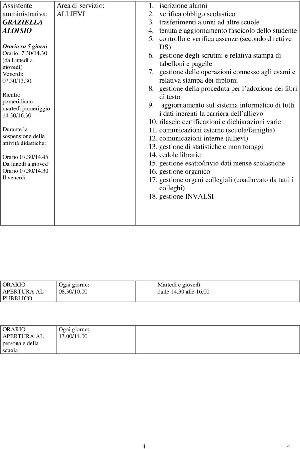 trasferimenti alunni ad altre scuole 4. tenuta e aggiornamento fascicolo dello studente 5. controllo e verifica assenze (secondo direttive DS) 6.