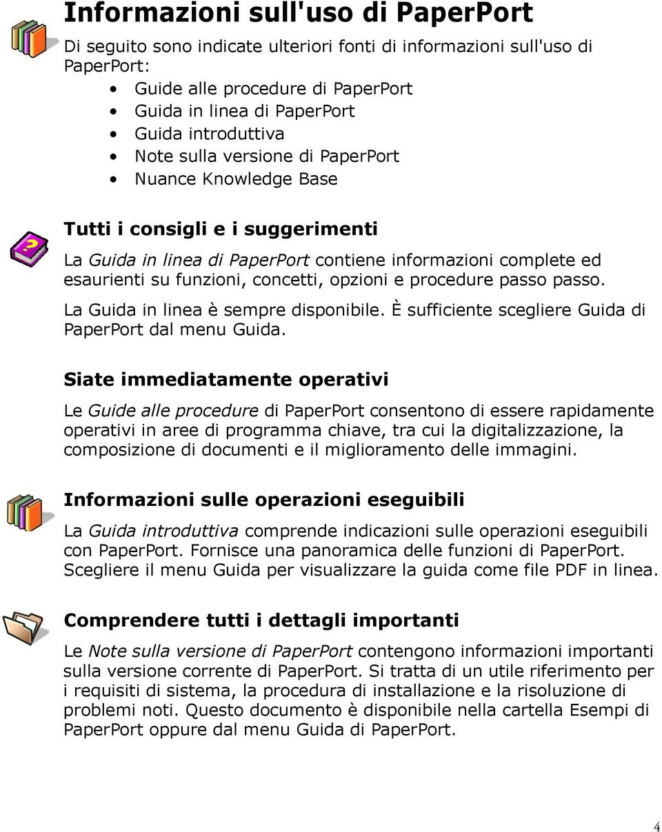 procedure passo passo. La Guida in linea è sempre disponibile. È sufficiente scegliere Guida di PaperPort dal menu Guida.