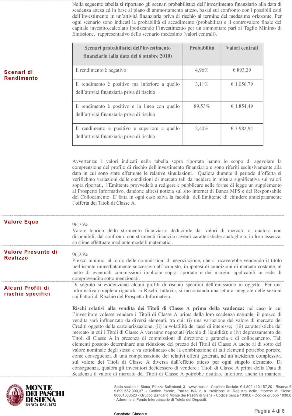 Per ogni scenario sono indicati la probabilità di accadimento (probabilità) e il controvalore finale del capitale investito,calcolato ipotizzando l investimento per un ammontare pari al Taglio Minimo