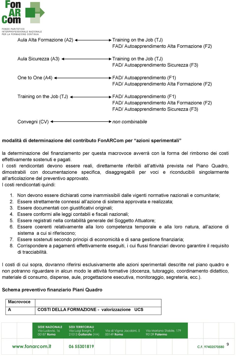 Sicurezza (F3) non combinabile modalità di determinazione del contributo FonARCom per azioni sperimentali la determinazione del finanziamento per questa macrovoce avverrà con la forma del rimborso