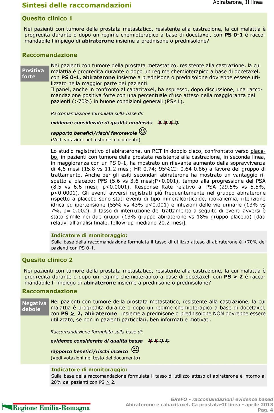 Raccomandazione Positiva forte Nei pazienti con tumore della prostata metastatico, resistente alla castrazione, la cui malattia è progredita durante o dopo un regime chemioterapico a base di