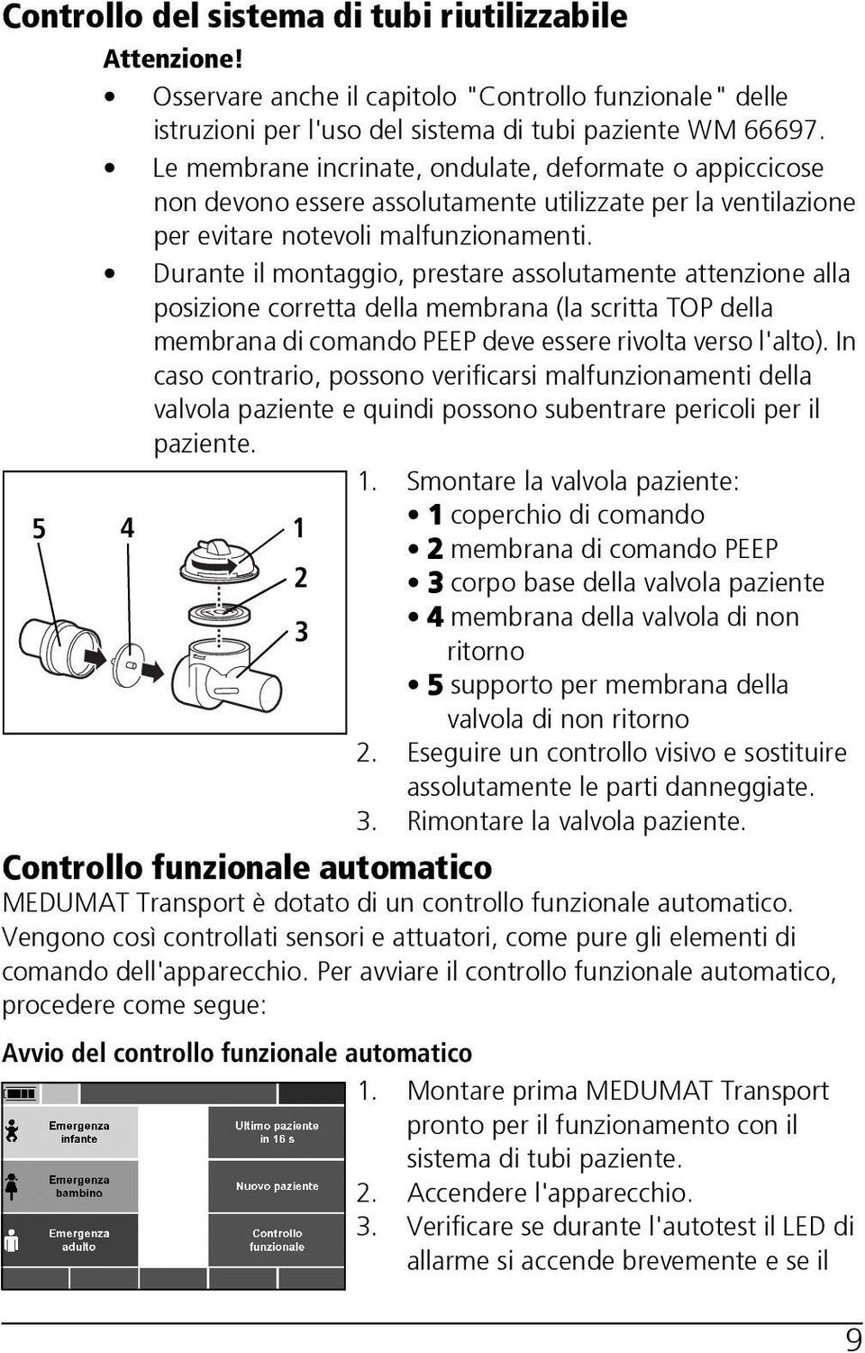 Durante il montaggio, prestare assolutamente attenzione alla posizione corretta della membrana (la scritta TOP della membrana di comando PEEP deve essere rivolta verso l'alto).