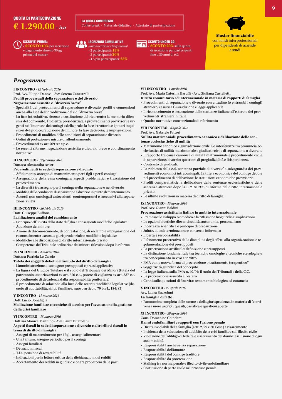 SCONTO UNDER 30: SCONTO 20% sulla quota di iscrizione per partecipanti fino a 30 anni di età Master finanziabile con fondi interprofessionali per dipendenti di aziende e studi Programma I INCONTRO -