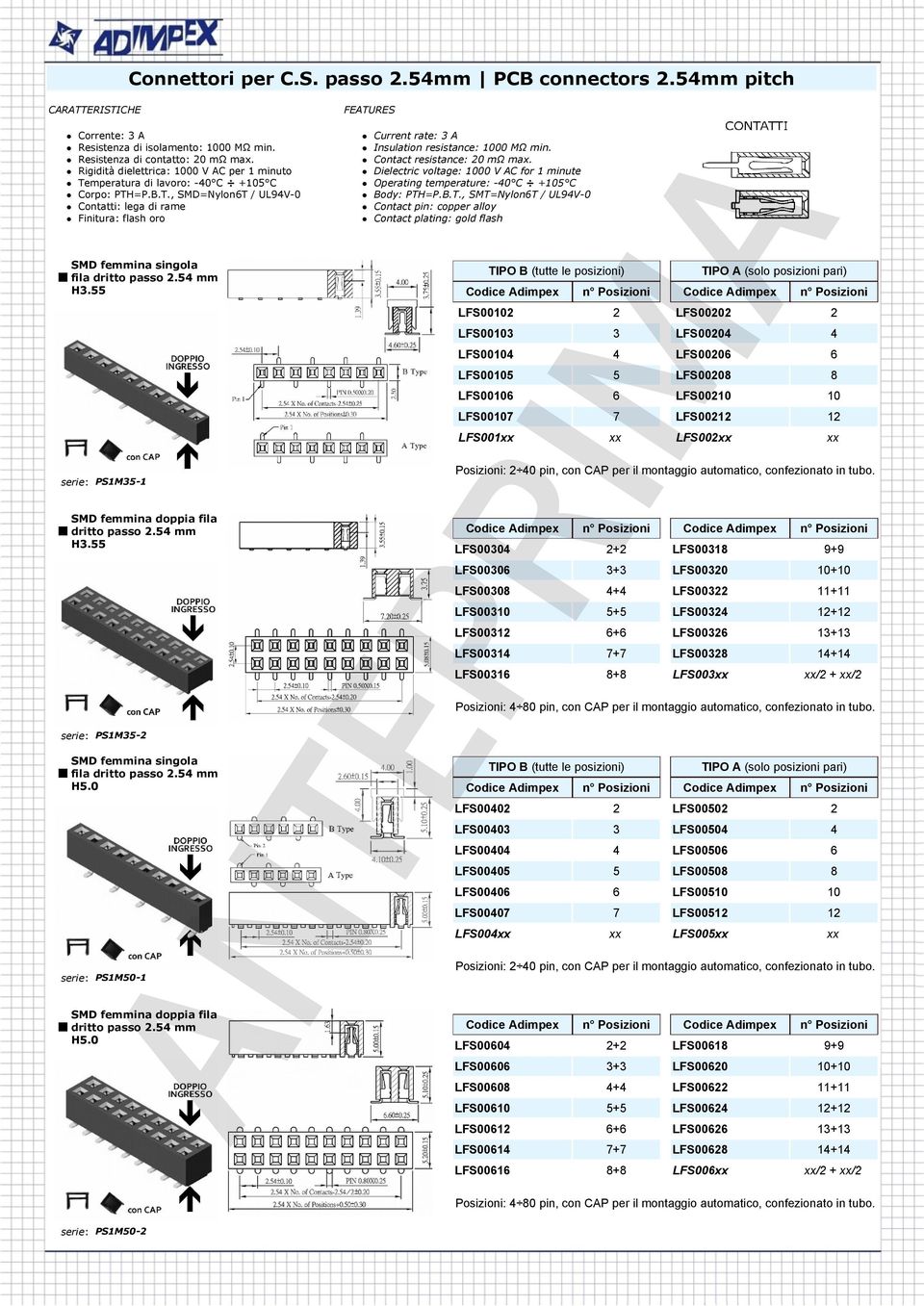 55 serie: PS1M35-1 SMD femmina doppia fila H3.55 serie: PS1M35-2 SMD femmina singola fila H5.0 FEATURES Current rate: 3 A Insulation resistance: 1000 MΩ min. Contact resistance: 20 mω max.