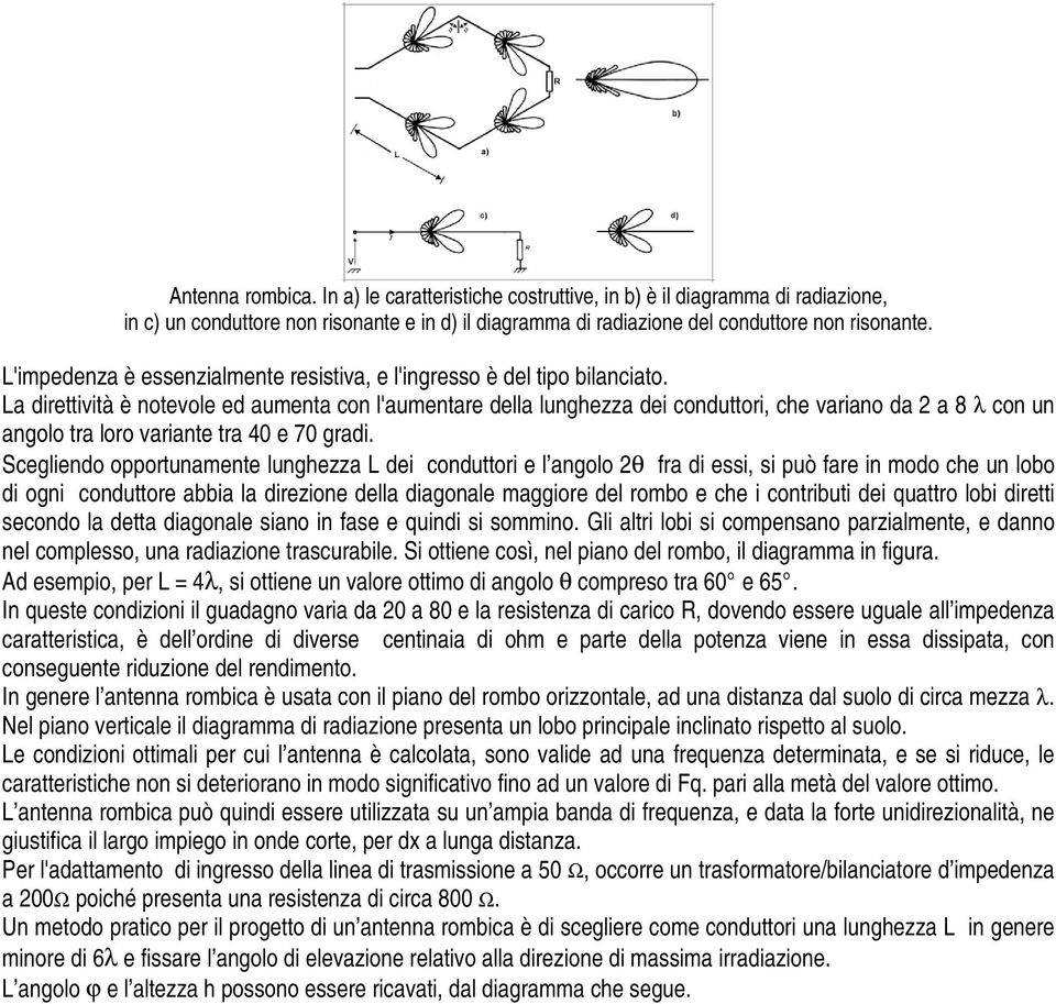 La direttività è notevole ed aumenta con l'aumentare della lunghezza dei conduttori, che variano da 2 a 8 λ con un angolo tra loro variante tra 40 e 70 gradi.