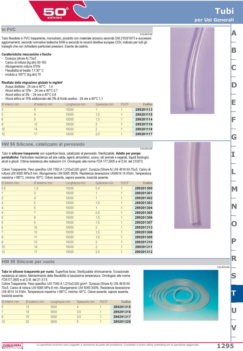 Caratteristiche meccaniche e fisiche - Durezza (shore A) 73±5 - Carico di rottura (kg.dm) 50-160 - Allungamento rottura 370% - Flessibilità al freddo T.F.30 C - modulo a 100 C (kg.