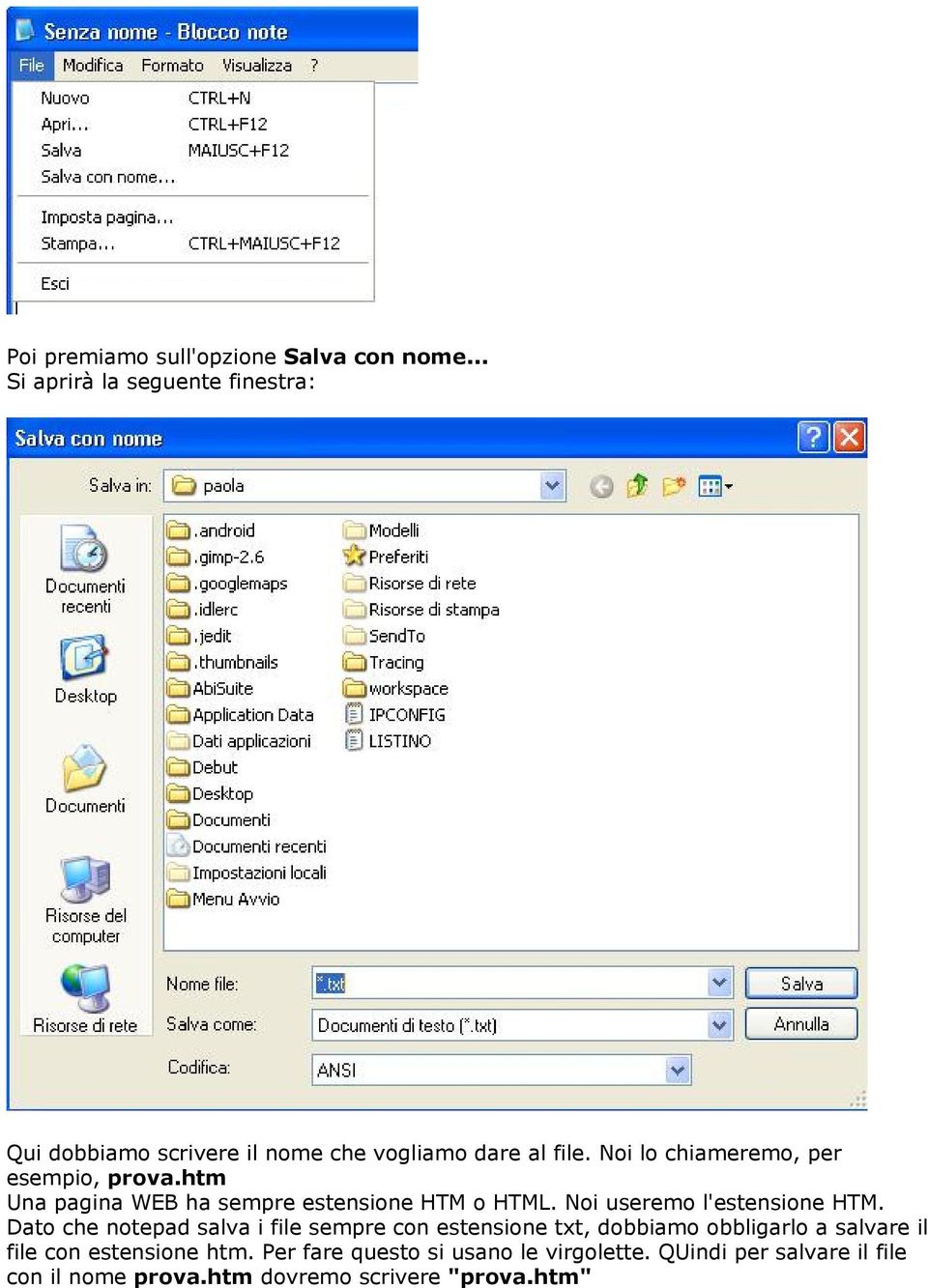 Noi lo chiameremo, per esempio, prova.htm Una pagina WEB ha sempre estensione HTM o HTML. Noi useremo l'estensione HTM.