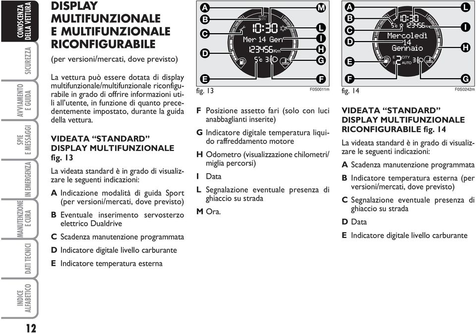 13 La videata standard è in grado di visualizzare le seguenti indicazioni: A Indicazione modalità di guida Sport (per versioni/mercati, dove previsto) B Eventuale inserimento servosterzo elettrico