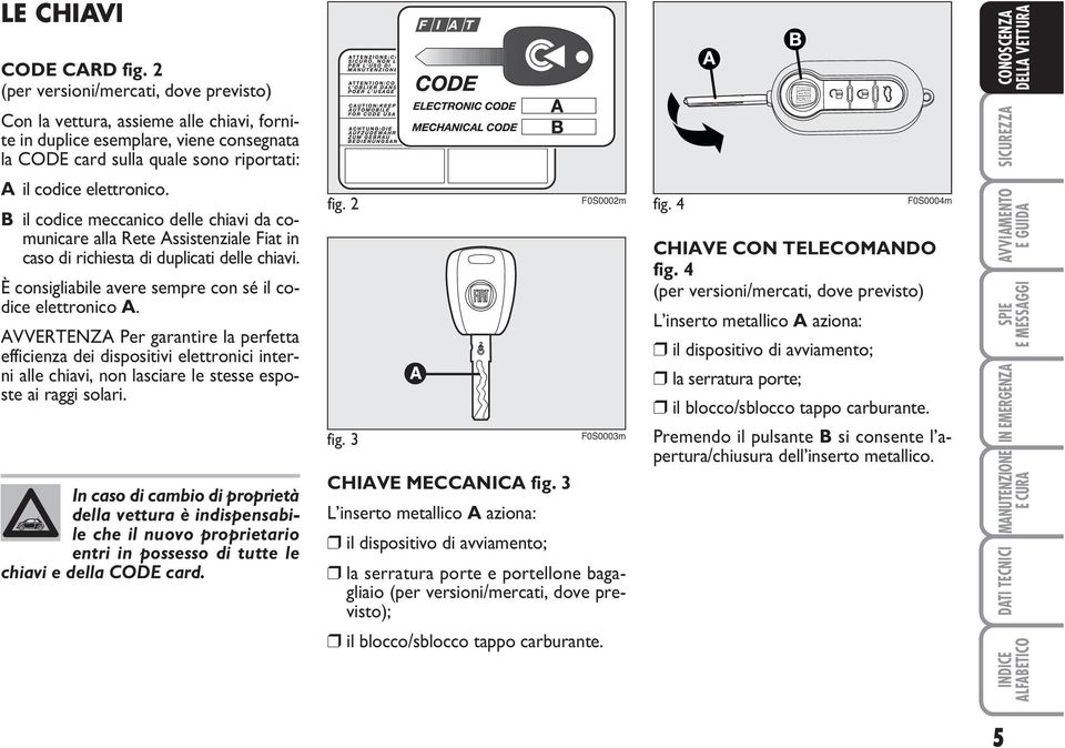 B il codice meccanico delle chiavi da comunicare alla Rete Assistenziale Fiat in caso di richiesta di duplicati delle chiavi. È consigliabile avere sempre con sé il codice elettronico A.