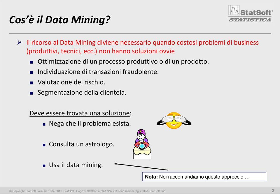 Valutazione del rischio. Segmentazione della clientela. Deve essere trovata una soluzione: Nega che il problema esista. Consulta un astrologo.