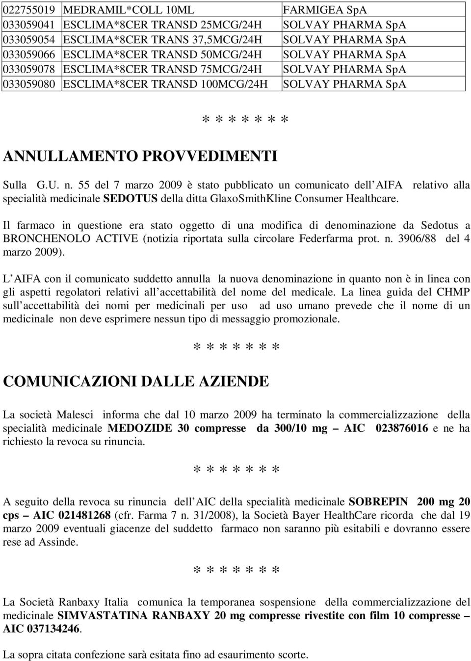 55 del 7 marzo 2009 è stato pubblicato un comunicato dell AIFA relativo alla specialità medicinale SEDOTUS della ditta GlaxoSmithKline Consumer Healthcare.