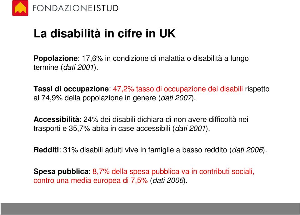 Accessibilità: 24% dei disabili dichiara di non avere difficoltà nei trasporti e 35,7% abita in case accessibili (dati 2001).