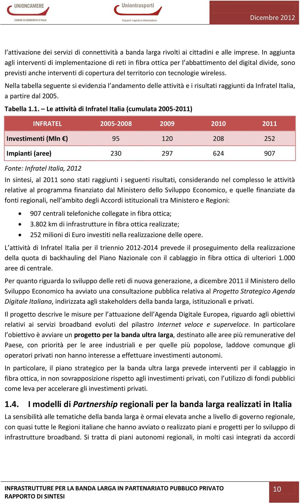 Nella tabella seguente si evidenzia l andamento delle attività e i risultati raggiunti da Infratel Italia, a partire dal 2005. Tabella 1.