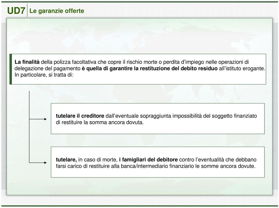 In particolare, si tratta di: tutelare il creditore dall eventuale sopraggiunta impossibilità del soggetto finanziato di restituire la somma