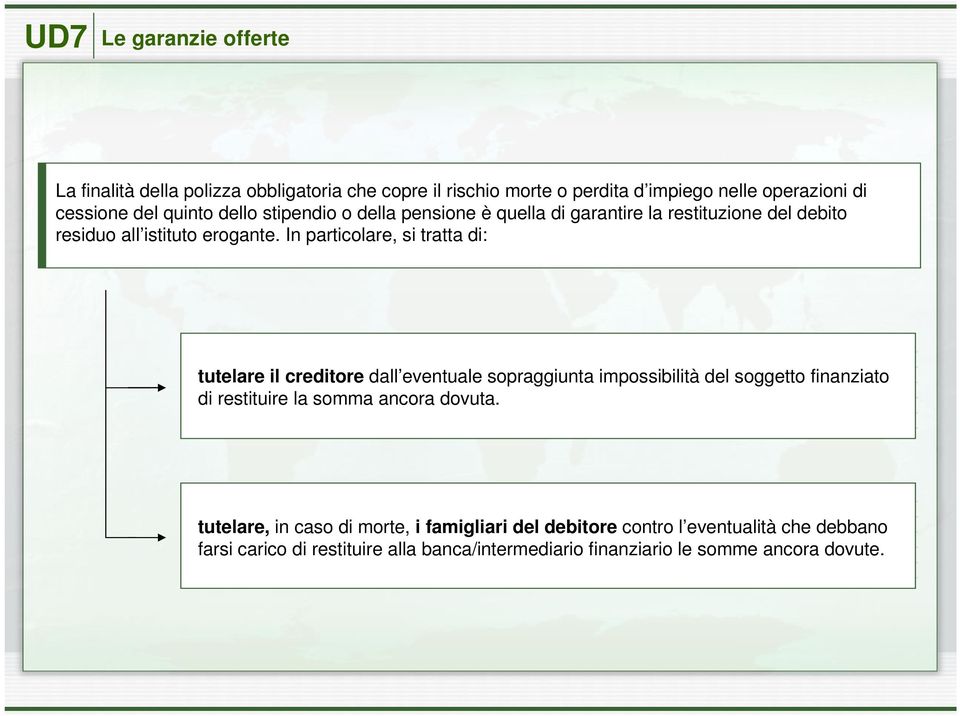 In particolare, si tratta di: tutelare il creditore dall eventuale sopraggiunta impossibilità del soggetto finanziato di restituire la somma ancora