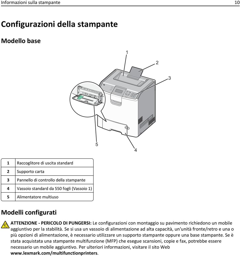 Se si usa un vassoio di alimentazione ad alta capacità, un'unità fronte/retro e una o più opzioni di alimentazione, è necessario utilizzare un supporto stampante oppure una base stampante.