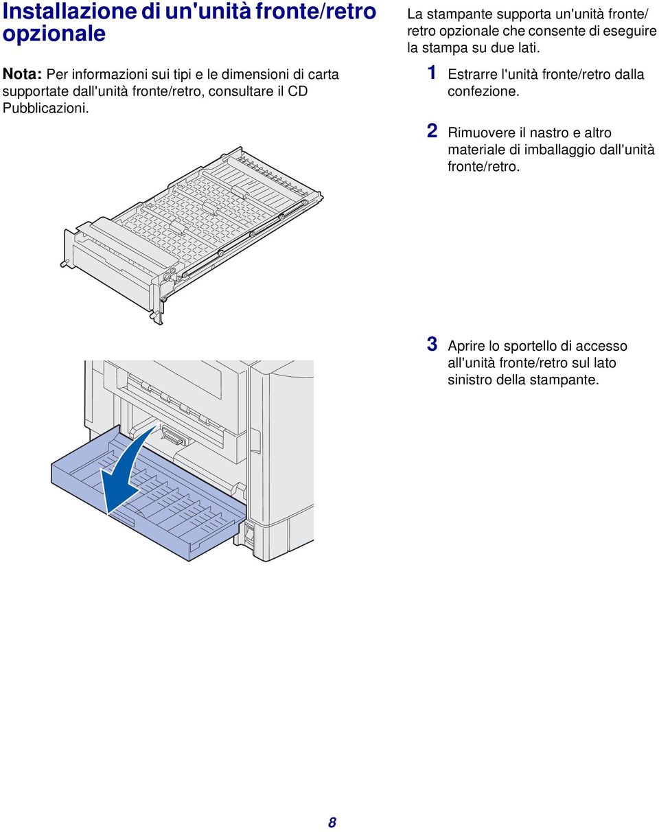La stampante supporta un'unità fronte/ retro opzionale che consente di eseguire la stampa su due lati.