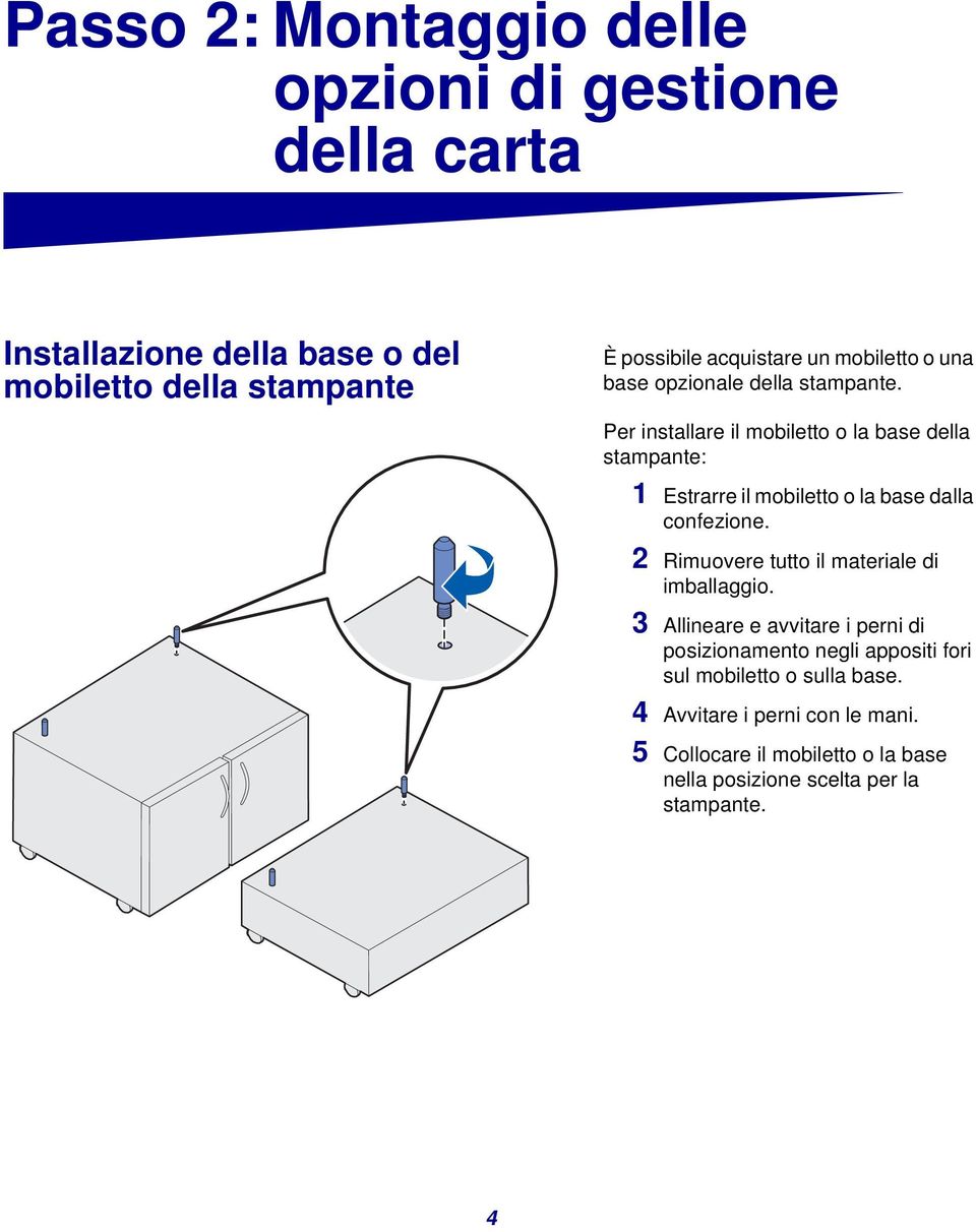 Per installare il mobiletto o la base della stampante: 1 Estrarre il mobiletto o la base dalla confezione.