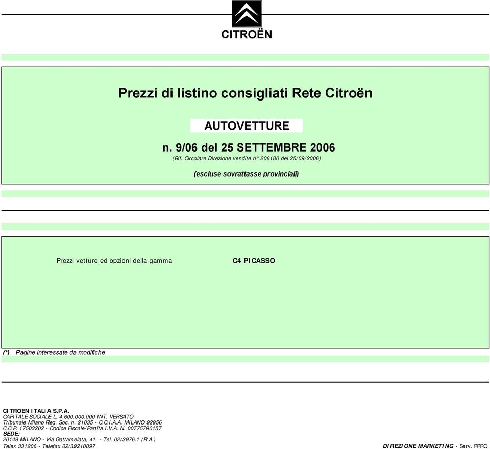 Pagine interessate da modifiche CITROËN ITALIA S.P.A. CAPITALE SOCIALE L. 4.600.000.000 INT. VERSATO Tribunale Milano Reg. Soc. n. 21035 - C.