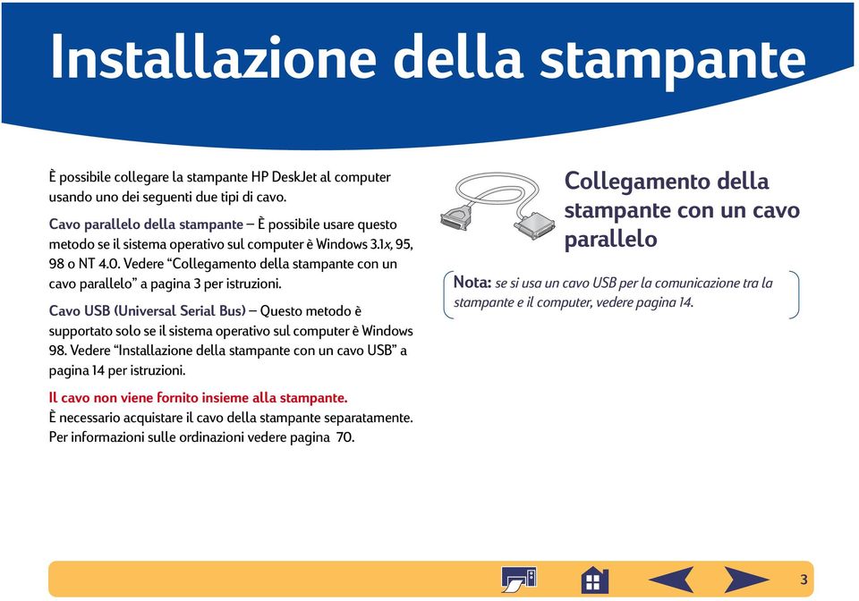 Vedere Collegamento della stampante con un cavo parallelo a pagina 3 per istruzioni. Cavo USB (Universal Serial Bus) Questo metodo è supportato solo se il sistema operativo sul computer è Windows 98.