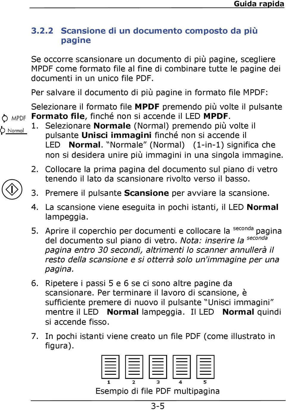 file PDF. Per salvare il documento di più pagine in formato file MPDF: Selezionare il formato file MPDF premendo più volte il pulsante Formato file, finché non si accende il LED MPDF. 1.