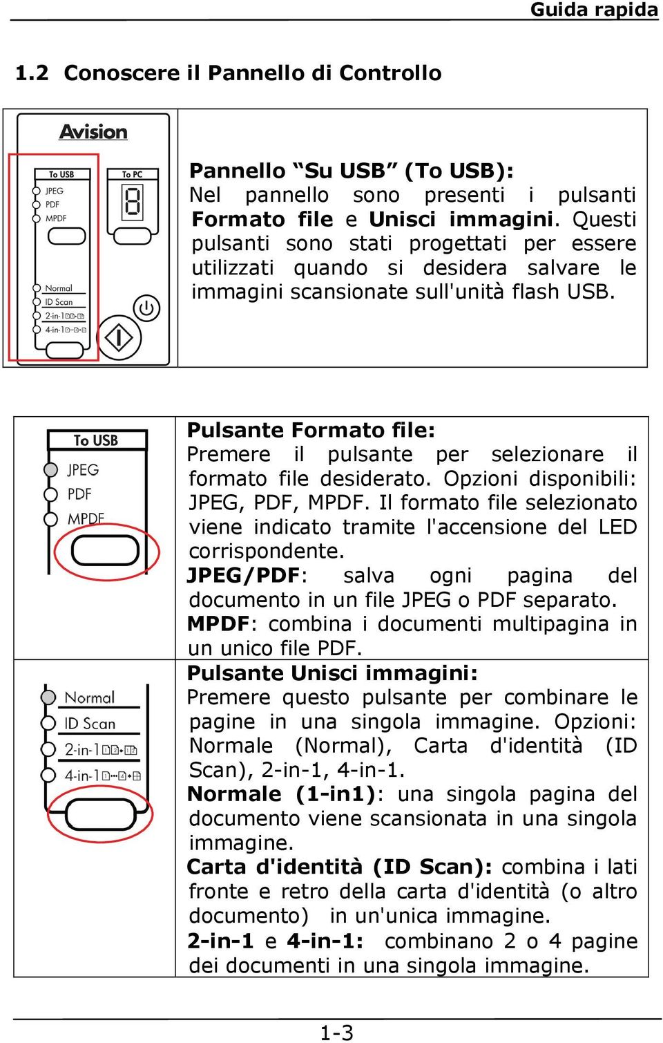 Pulsante Formato file: Premere il pulsante per selezionare il formato file desiderato. Opzioni disponibili: JPEG, PDF, MPDF.