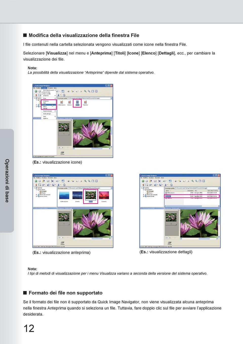 Nota: La possibilità della visualizzazione Anteprima dipende dal sistema operativo. Operazioni di base (Es.: visualizzazione icone) (Es.: visualizzazione anteprima) (Es.