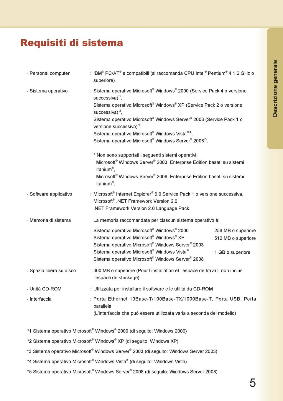 operativo Microsoft Windows Server 2003 (Service Pack 1 o versione successiva) *3, Sistema operativo Microsoft Windows Vista *4, Sistema operativo Microsoft Windows Server 2008 *5.