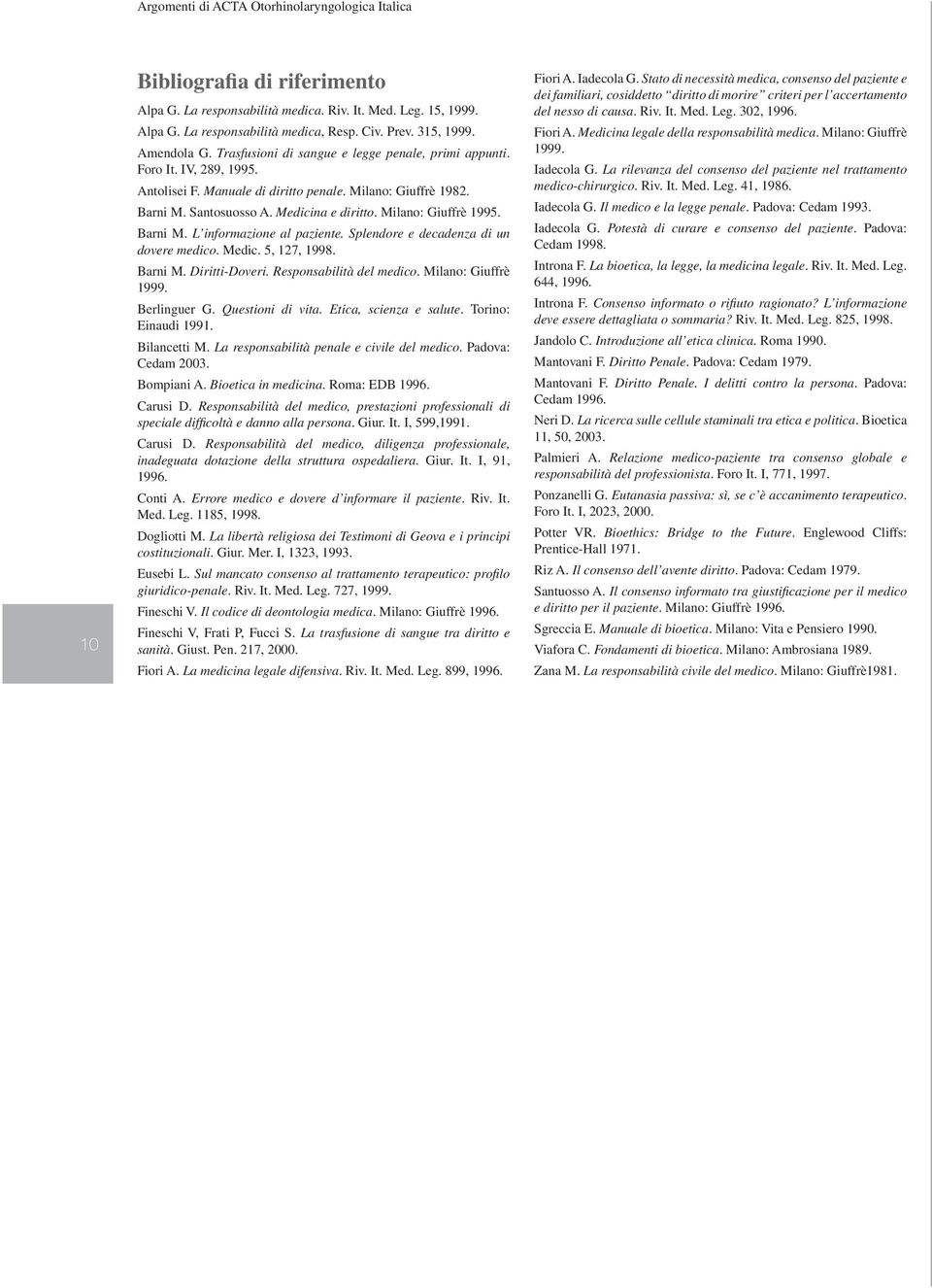 Medicina e diritto. Milano: Giuffrè 1995. Barni M. L informazione al paziente. Splendore e decadenza di un dovere medico. Medic. 5, 127, 1998. Barni M. Diritti-Doveri. Responsabilità del medico.