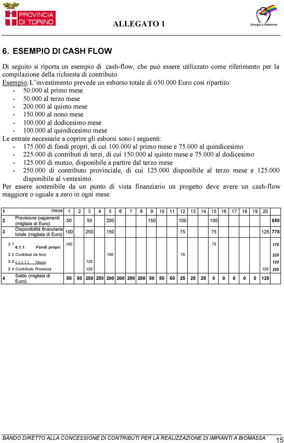 000 al dodicesimo mese - 100.000 al quindicesimo mese Le entrate necessarie a coprire gli esborsi sono i seguenti: - 175.000 di fondi propri, di cui 100.000 al primo mese e 75.