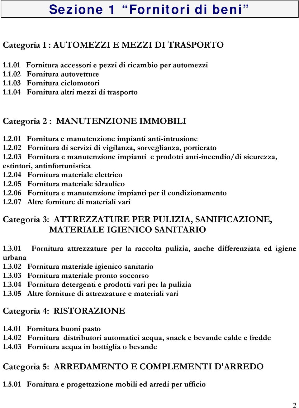 2.04 Fornitura materiale elettrico 1.2.05 Fornitura materiale idraulico 1.2.06 Fornitura e manutenzione impianti per il condizionamento 1.2.07 Altre forniture di materiali vari Categoria 3: ATTREZZATURE PER PULIZIA, SANIFICAZIONE, MATERIALE IGIENICO SANITARIO 1.