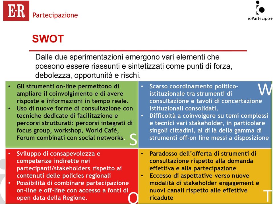 Uso di nuove forme di consultazione con tecniche dedicate di facilitazione e percorsi strutturati: percorsi integrati di focus group, workshop, World Café, Forum combinati con social networks.