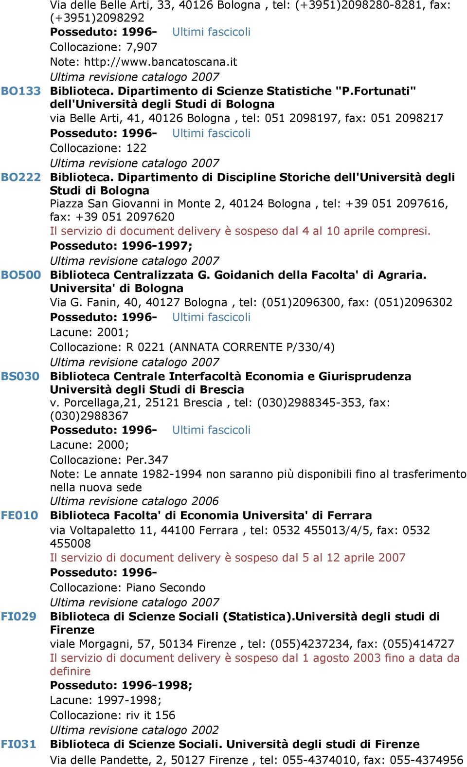 Fortunati" dell'università degli Studi di Bologna via Belle Arti, 41, 40126 Bologna, tel: 051 2098197, fax: 051 2098217 Ultimi fascicoli Collocazione: 122 BO222 Biblioteca.