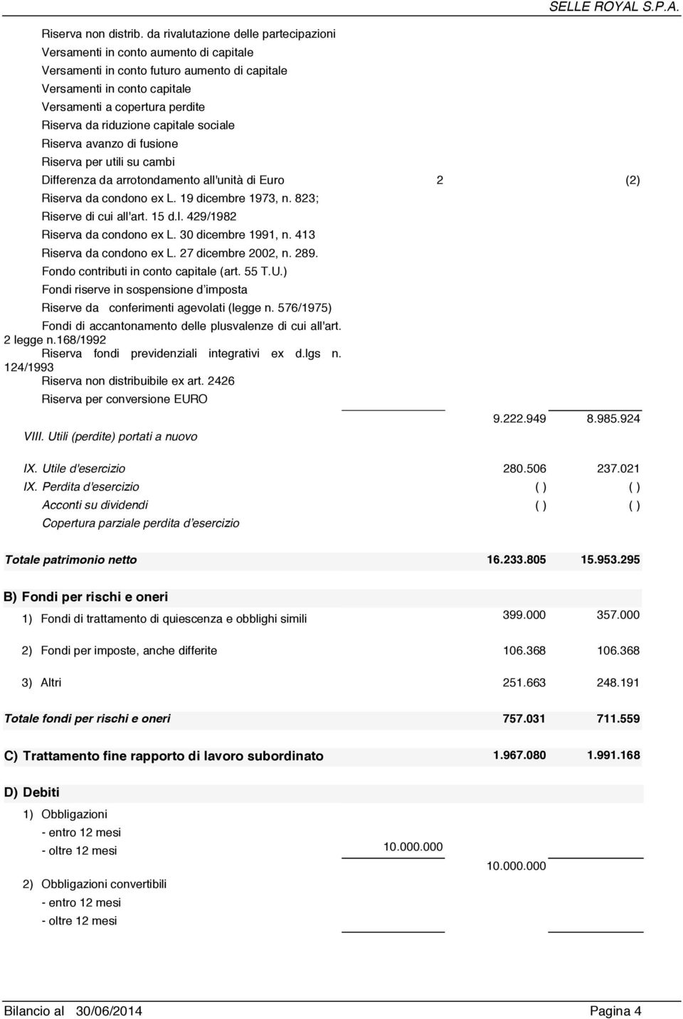 riduzione capitale sociale Riserva avanzo di fusione Riserva per utili su cambi SELLE ROYAL S.P.A. Differenza da arrotondamento all'unità di Euro 2 (2) Riserva da condono ex L. 19 dicembre 1973, n.