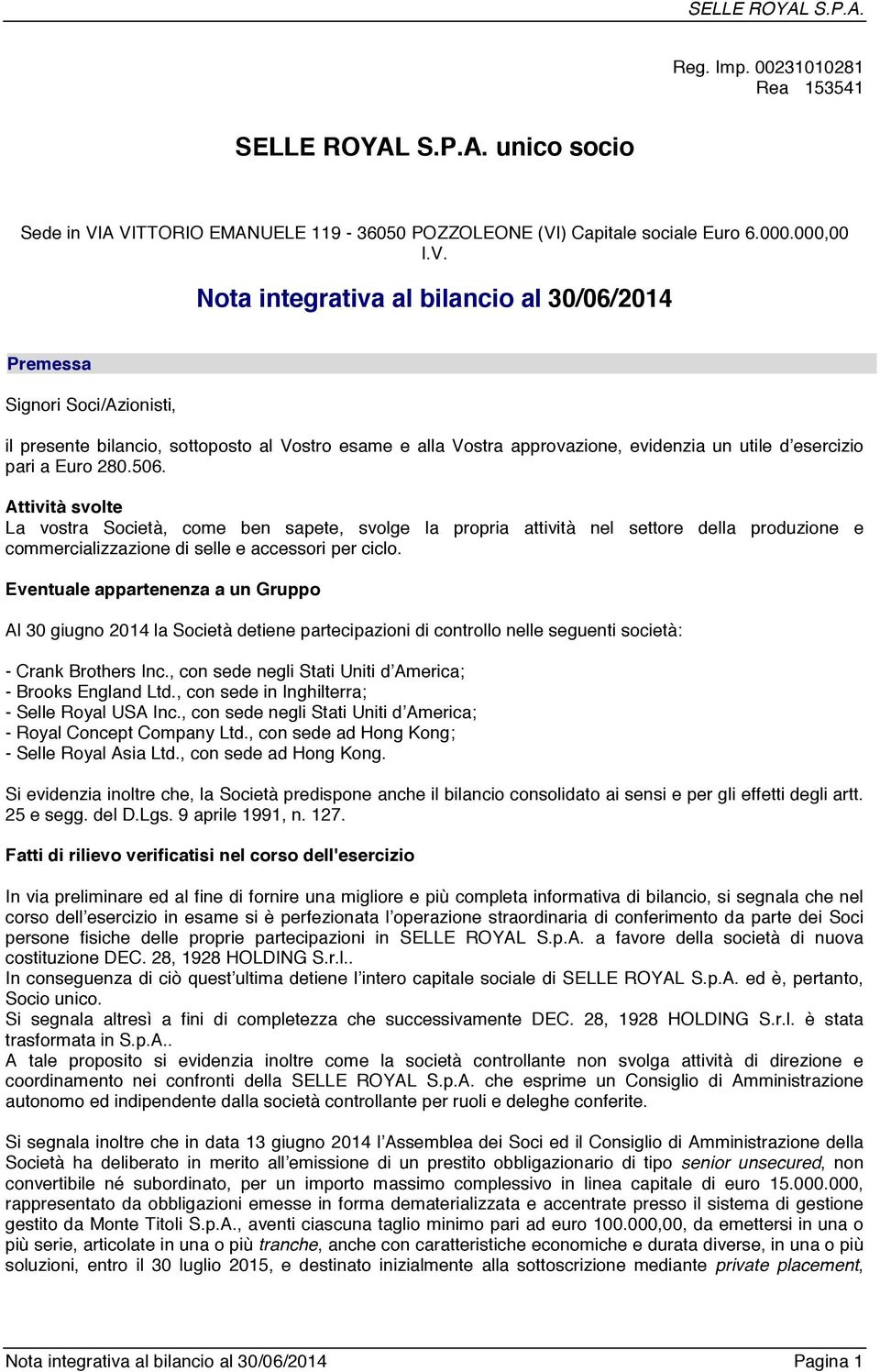 Vostro esame e alla Vostra approvazione, evidenzia un utile d esercizio pari a Euro 280.506.