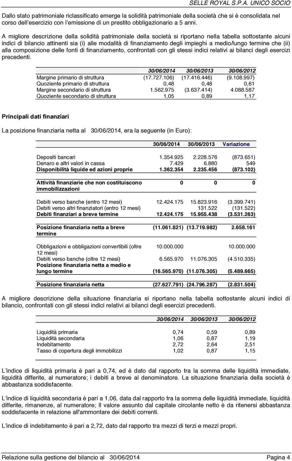 medio/lungo termine che (ii) alla composizione delle fonti di finanziamento, confrontati con gli stessi indici relativi ai bilanci degli esercizi precedenti.