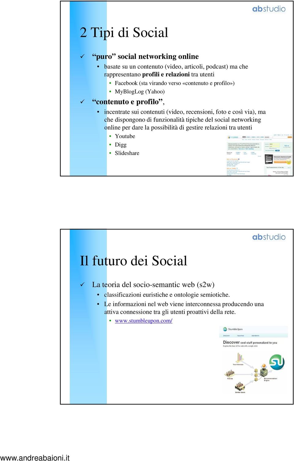 del social networking online per dare la possibilità di gestire relazioni tra utenti Youtube Digg Slideshare Il futuro dei Social La teoria del socio-semantic web (s2w)