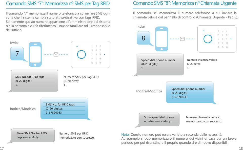7 Comando SMS 8 : Memorizza nº Chiamata Urgente Il comando 8 memorizza il numero telefonico a cui inviare la chiamata veloce dal pannello di controllo (Chiamata Urgente - Pag.8).