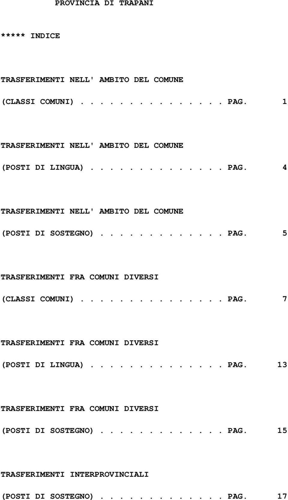 ............ PAG. 5 TRASFERIMENTI FRA COMUNI DIVERSI (CLASSI COMUNI)............... PAG. 7 TRASFERIMENTI FRA COMUNI DIVERSI (POSTI DI LINGUA).