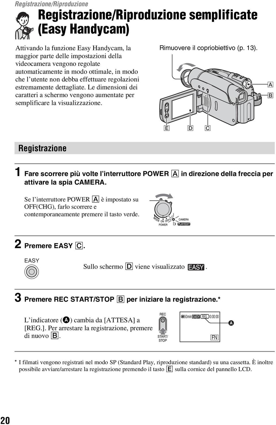 Le dimensioni dei caratteri a schermo vengono aumentate per semplificare la visualizzazione. Rimuovere il copriobiettivo (p. 13).