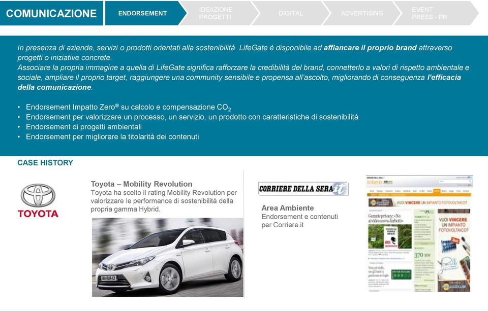 Associare la propria immagine a quella di LifeGate significa rafforzare la credibilità del brand, connetterlo a valori di rispetto ambientale e sociale, ampliare il proprio target, raggiungere una