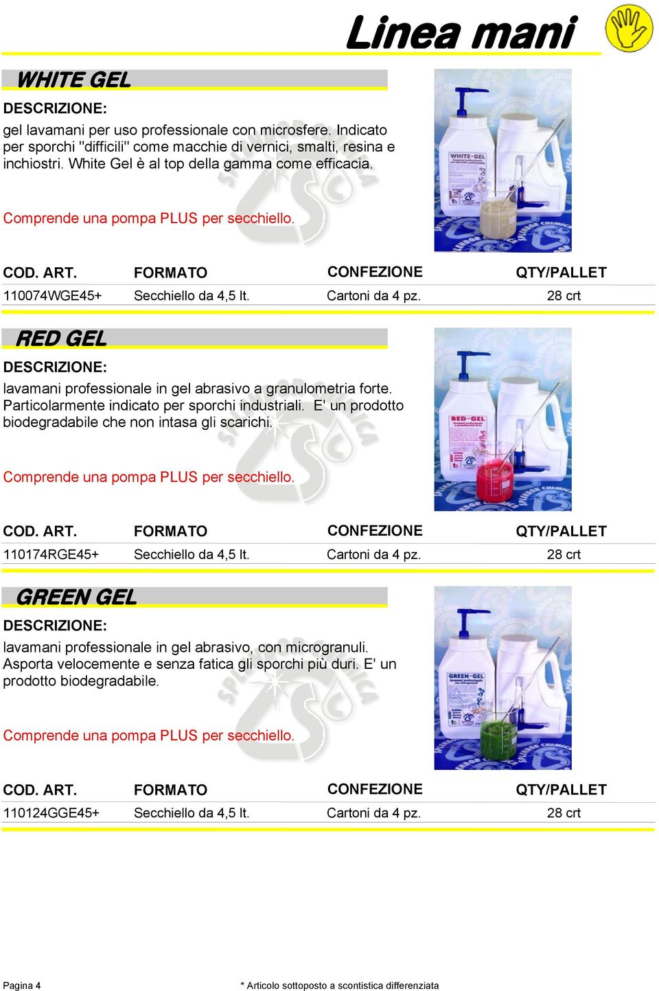 Particolarmente indicato per sporchi industriali. E' un prodotto biodegradabile che non intasa gli scarichi. Comprende una pompa PLUS per secchiello. 110174RGE45+ Secchiello da 4,5 lt.