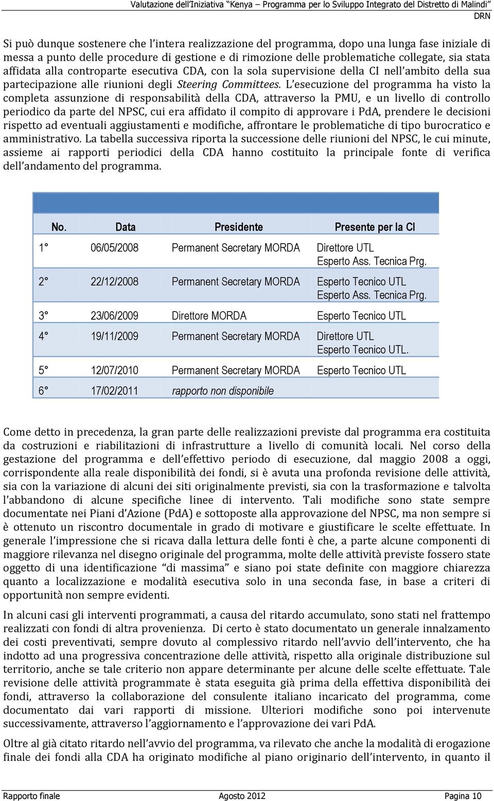 L esecuzione del programma ha visto la completa assunzione di responsabilità della CDA, attraverso la PMU, e un livello di controllo periodico da parte del NPSC, cui era affidato il compito di